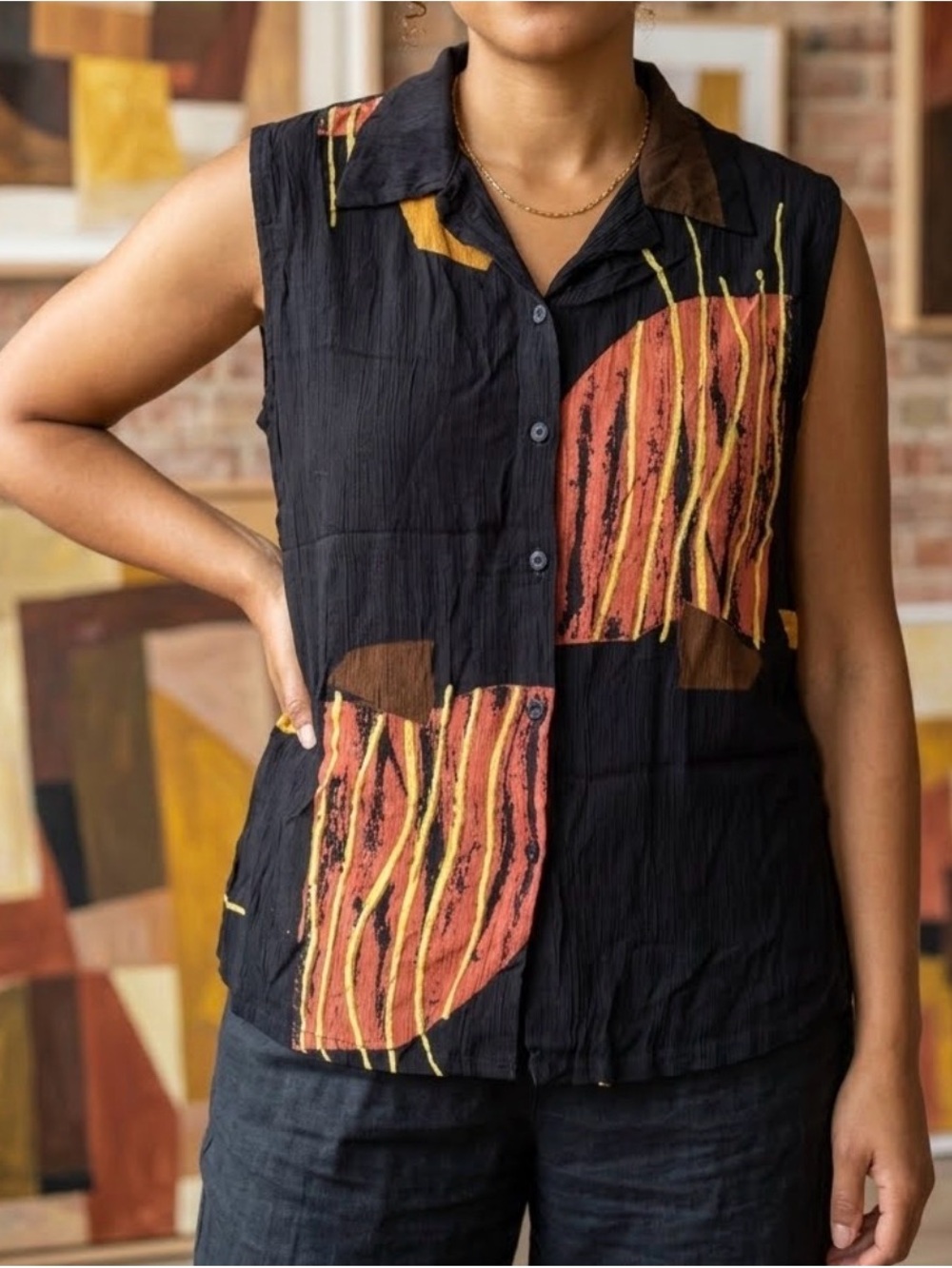 Geraldine Vintage 80s/90s Abstract Sleeveless Button Up Blouse Top Size L 0348